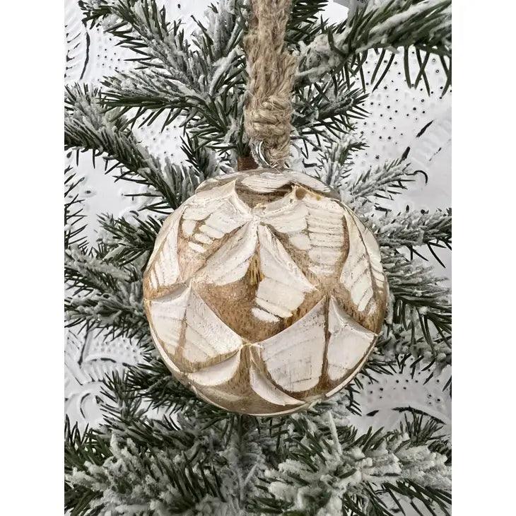 Fan Carved Mangowood Hanging Ball Ornament 2.5in - Signastyle Boutique