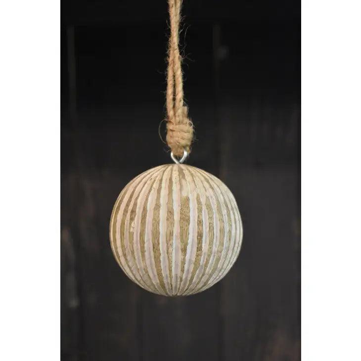 Striped Carved Mangowood Hanging Ball Ornament 2.5in - Signastyle Boutique