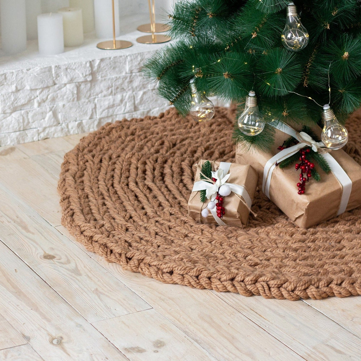 Beige Chunky-Knitted Christmas Tree Skirt | US Stock