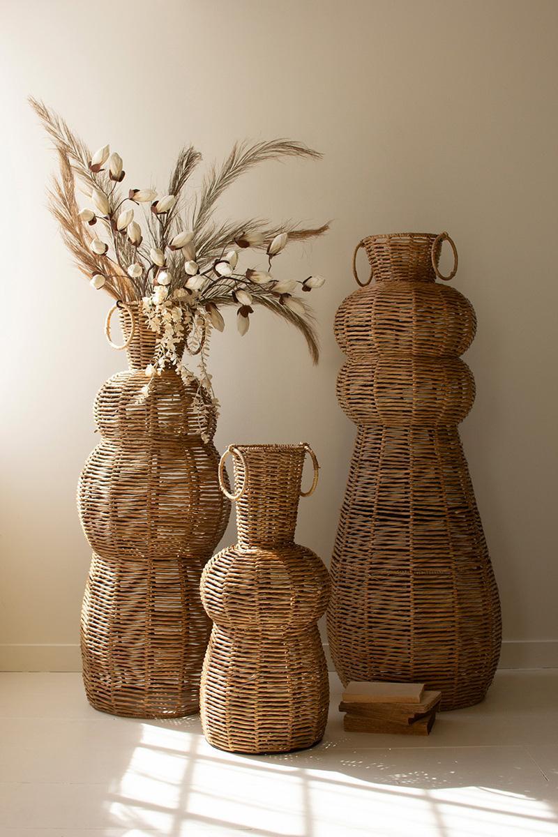 Set Of Three Woven Seagrass And Iron Floor Vases