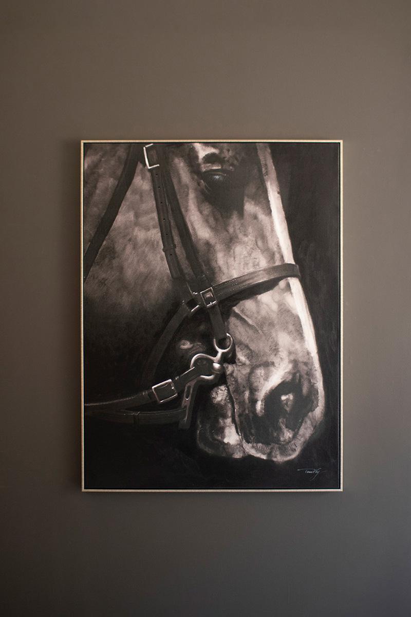 Black & White Side View Horse W Silver Frame Acrylic Painting