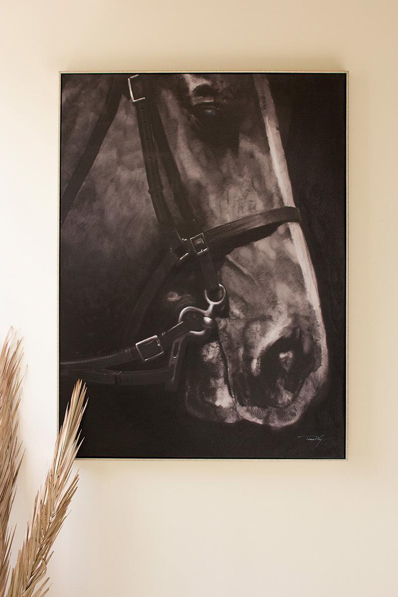 Black & White Side View Horse W Silver Frame Acrylic Painting