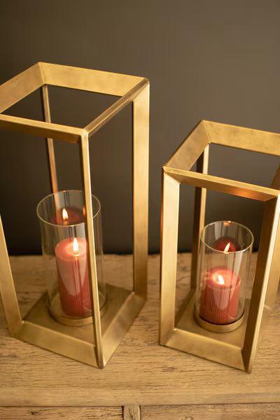 Set Of Two Metal Framed Lanterns W Clear Glass Hurricanes