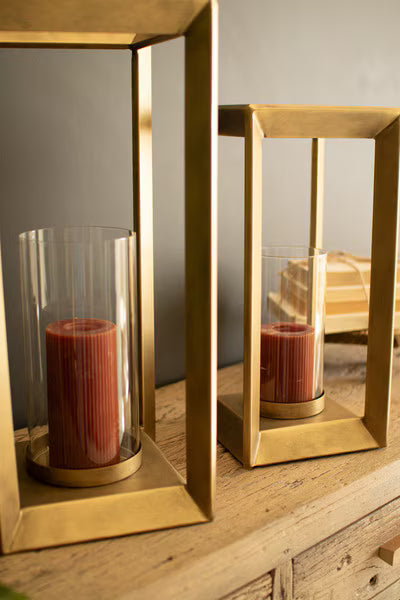Set Of Two Metal Framed Lanterns W Clear Glass Hurricanes