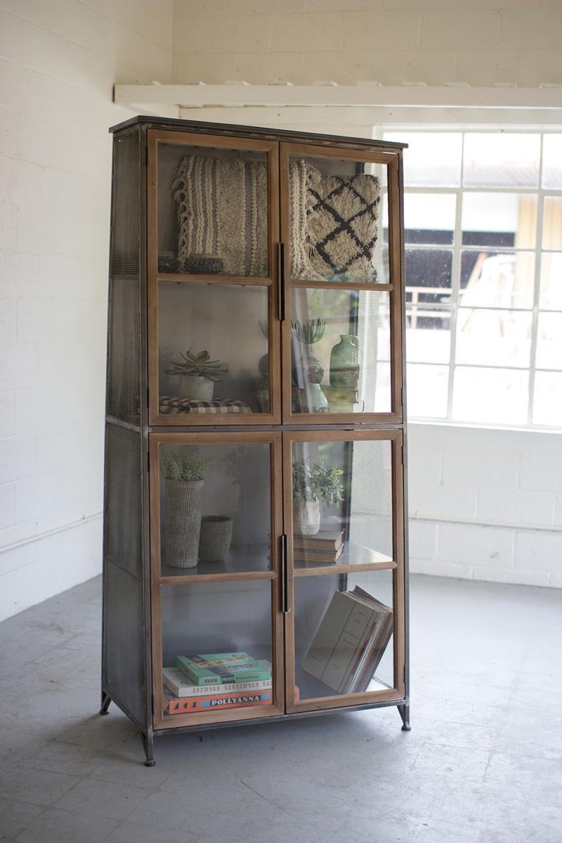 Metal & Wood Slanted Display Cabinet W Glass Doors