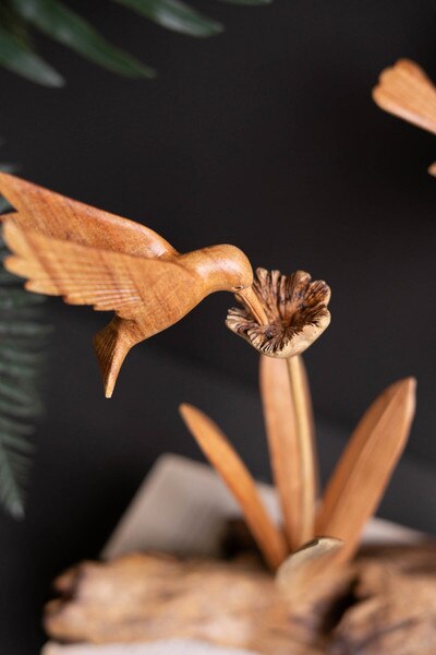 Repurposed Wood Sculpture With Hand Carved Humming Bird (Case Pack)