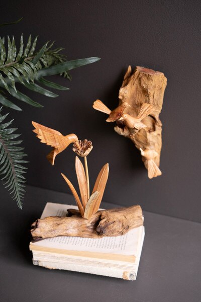 Repurposed Wood Sculpture With Hand Carved Humming Bird