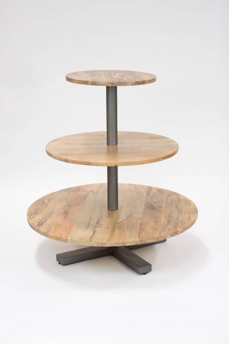 Round Three Tiered Mango Wood And Iron Display Tower