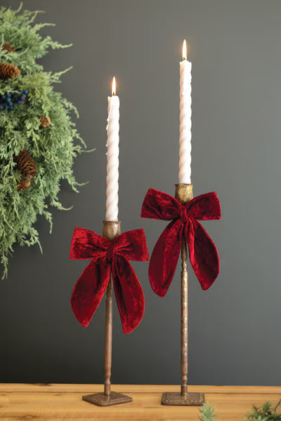 Set Of Two Antique Brass Taper Candle Holders W Velvet Bows