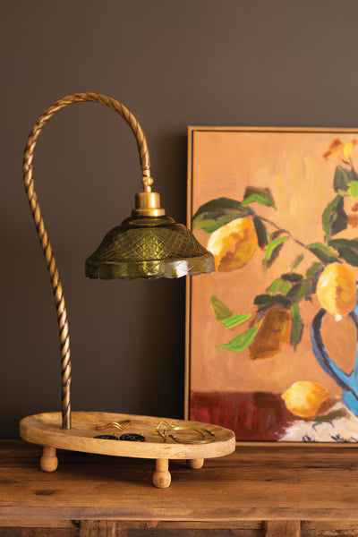 Table Lamp With Green Glass Shade And Oval Wooden Base