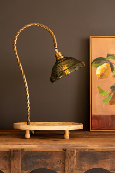 Table Lamp With Green Glass Shade And Oval Wooden Base