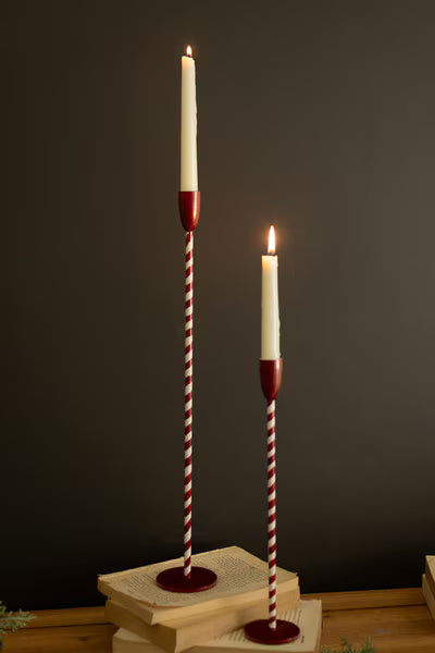 Set Of Two Red And White Candy Cane Taper Candle Holders