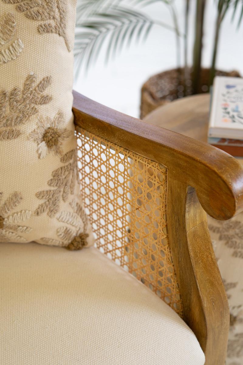 Mango Wood And Cane Arm Chair With Embroidered Back