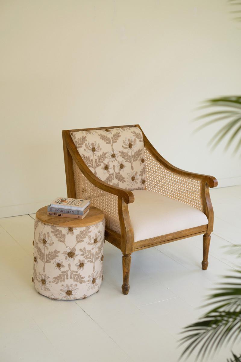 Mango Wood And Cane Arm Chair With Embroidered Back