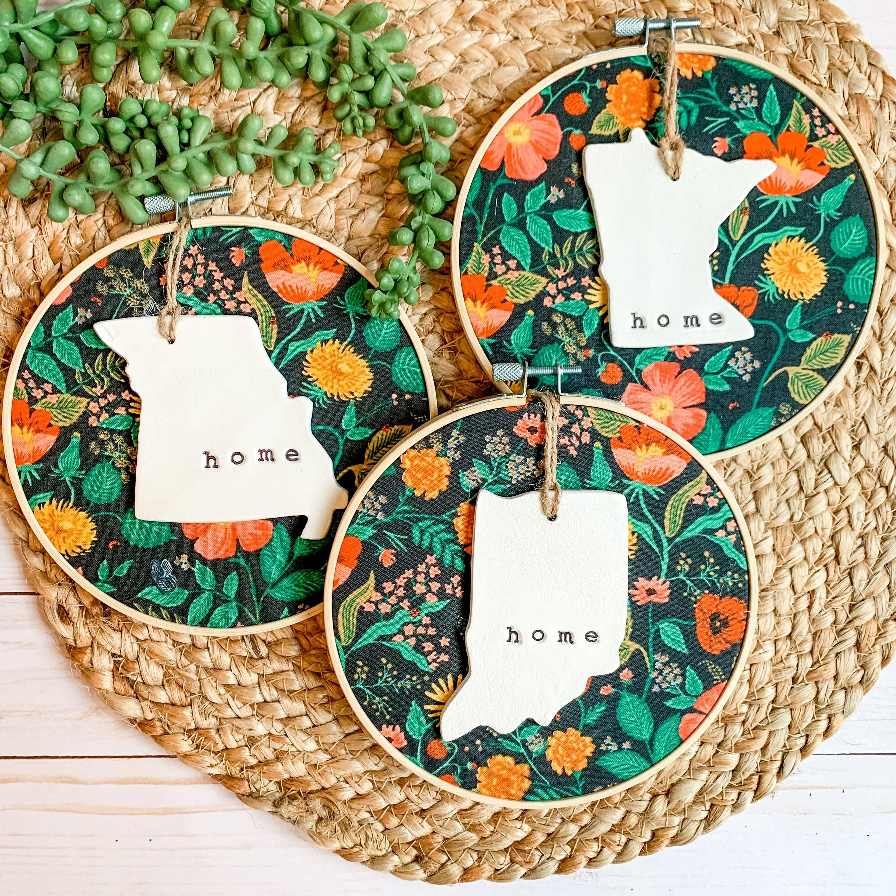 Hoop w/ Rifle Paper Black Poppy Fabric + State Ornament: Ohio - Signastyle Boutique