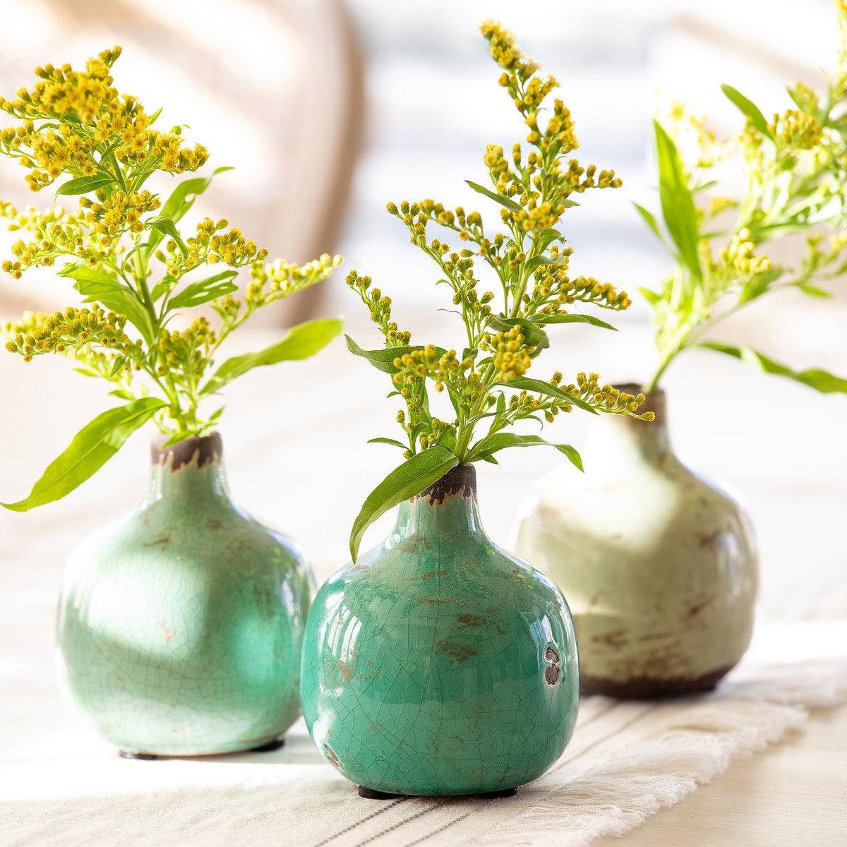 Glazed Stoneware Bud Vases, Blue-Green, 3 Assorted Colors, Set of 12 - Signastyle Boutique