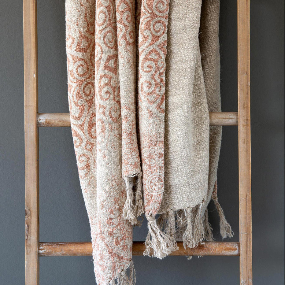 Vintage Printed Linen Throw, Faded Coral-Pillows & Throws-Rustic Barn Boutique