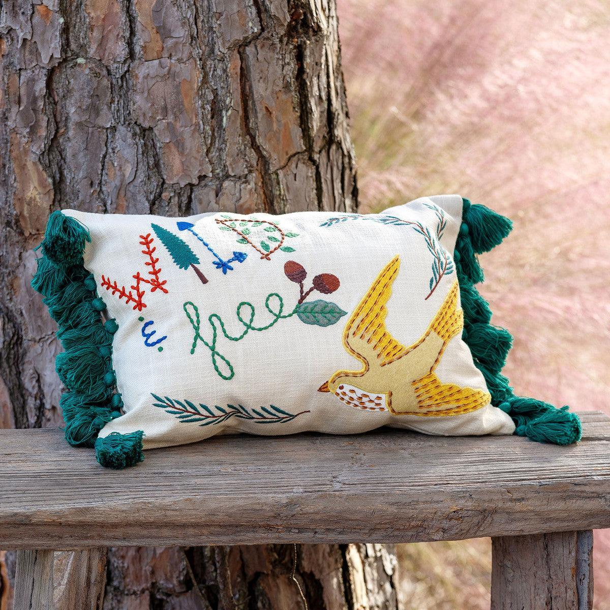 "Free" Bird Appliqued Cotton Pillow - Signastyle Boutique