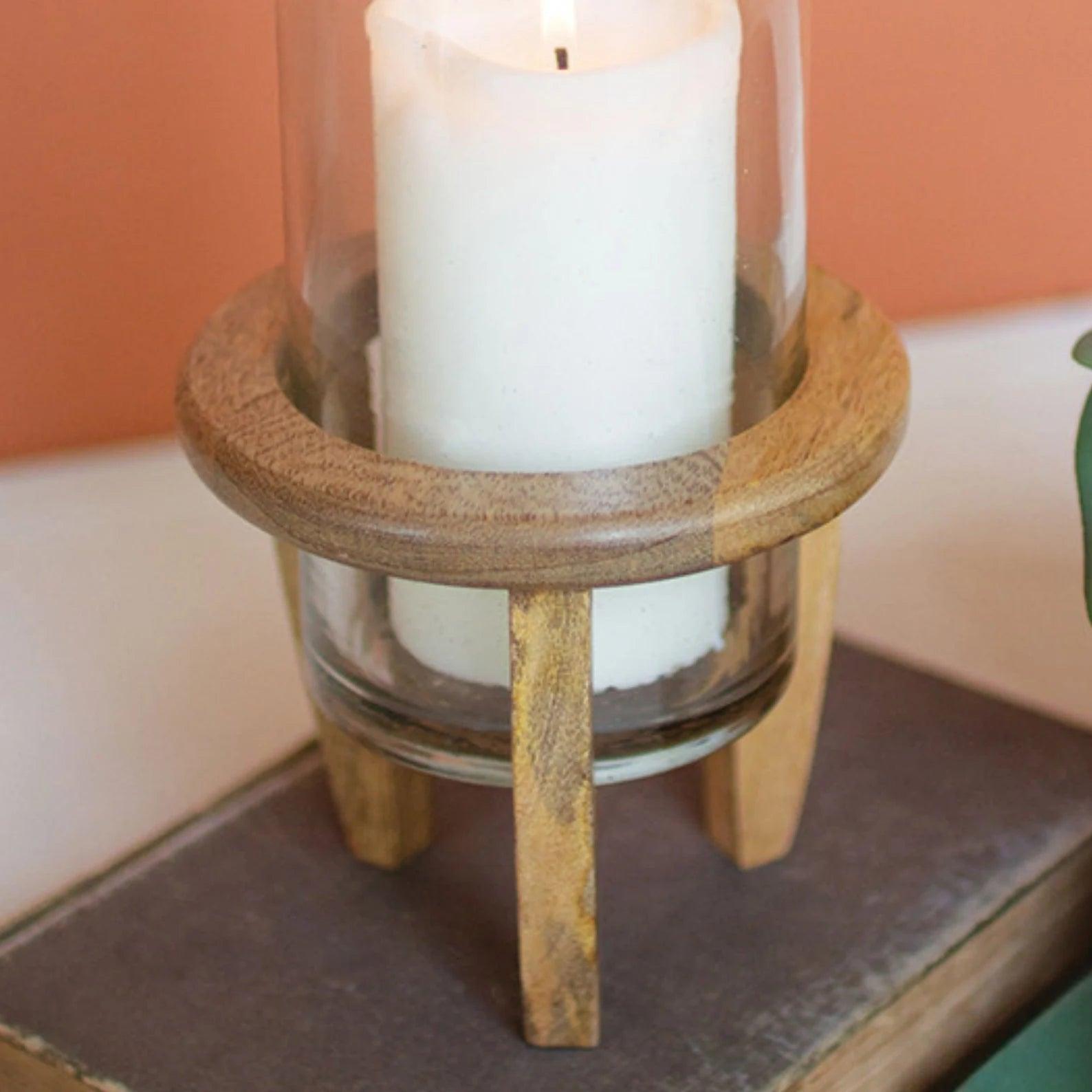 Glass Hurricane with Mango Wood Stand - Signastyle Boutique