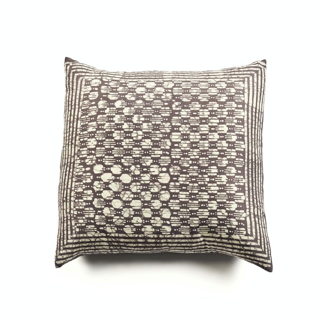 Oasis Charcoal Hand Crafted Wax Block Print Mulberry Silk Pillow - Thumbnail 3