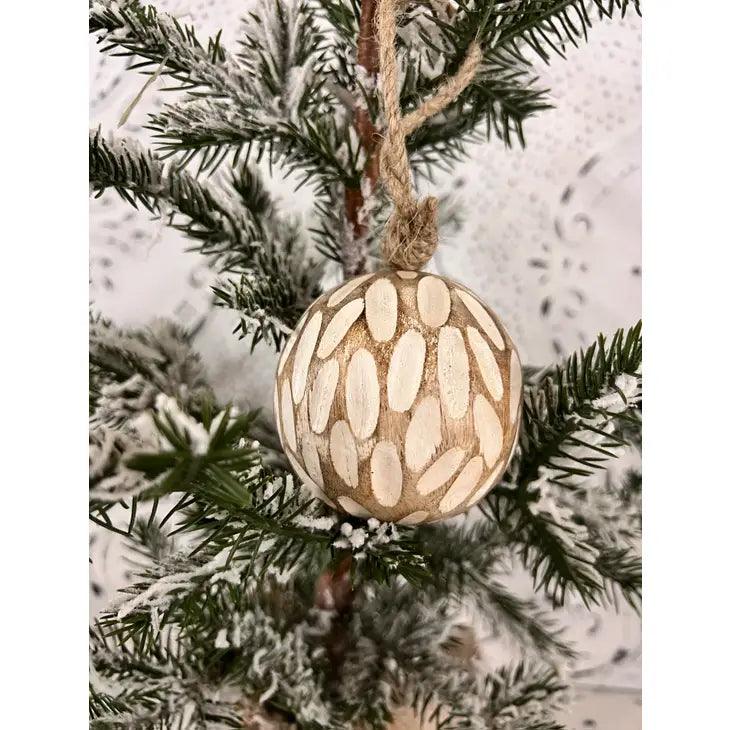 Scooped Carved Mangowood Hanging Ball Ornament 2.5in - Signastyle Boutique