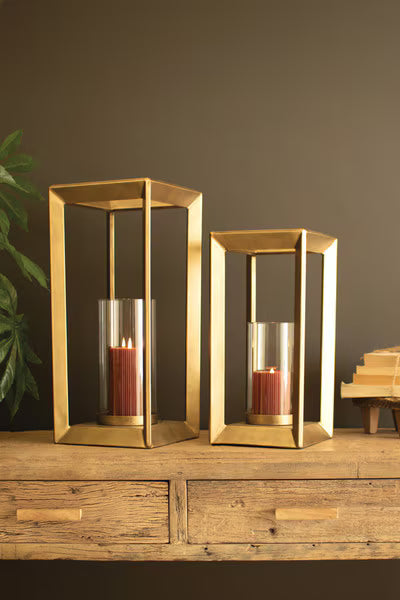 Set Of Two Metal Framed Lanterns W Clear Glass Hurricanes