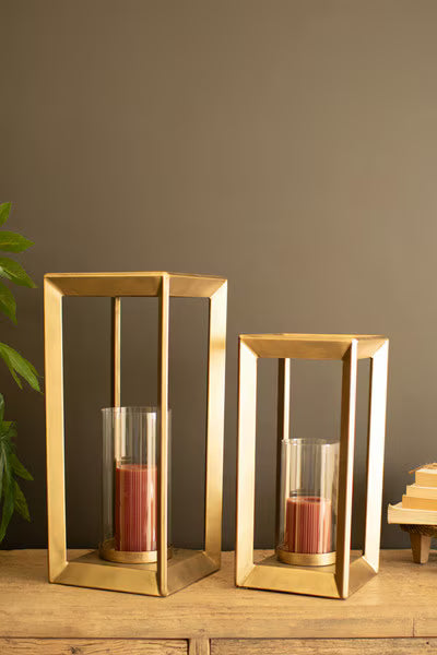 Set Of Two Metal Framed Lanterns W Clear Glass Hurricanes