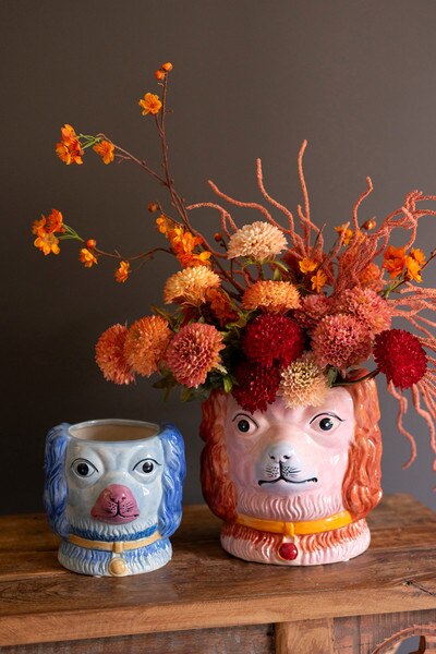 Set Of Two Vintage Inspired Ceramic Colorful Dog Vases