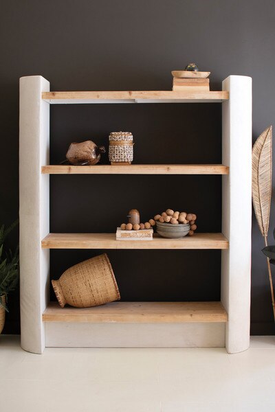 Textured Shelving Unit With Four Wooden Shelves #1