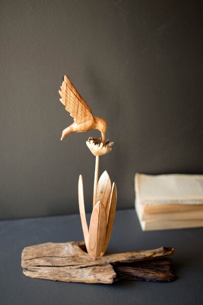 Repurposed Wood Sculpture With Hand Carved Humming Bird
