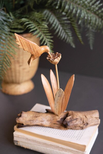Repurposed Wood Sculpture With Hand Carved Humming Bird (Case Pack)