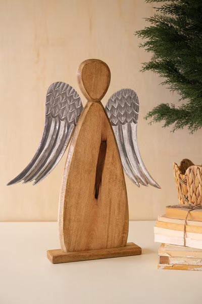 Carved Mango Wood Angel With Aluminium Wings