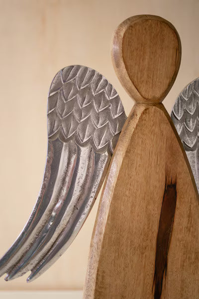 Carved Mango Wood Angel With Aluminium Wings