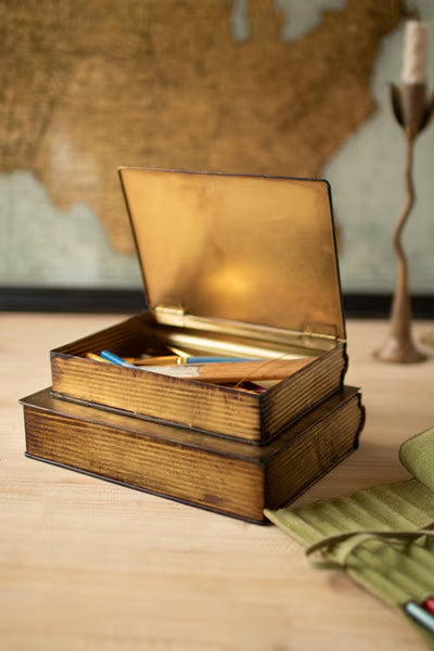 Set Of Two Antique Brass Book Boxes