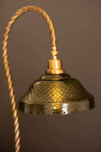 Table Lamp With Green Glass Shade And Oval Wooden Base