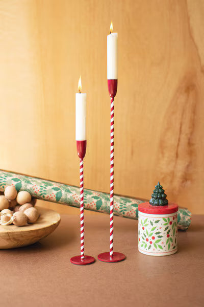Set Of Two Red And White Candy Cane Taper Candle Holders