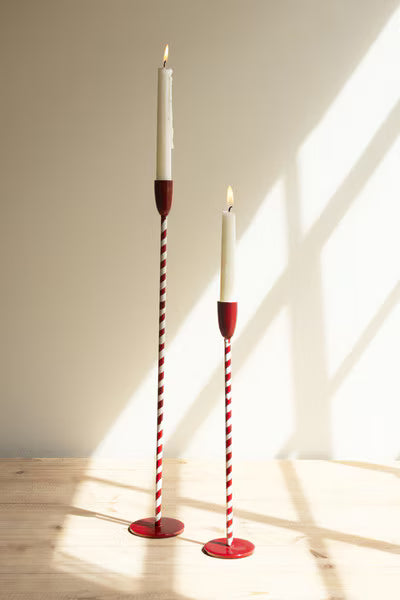 Set Of Two Red And White Candy Cane Taper Candle Holders