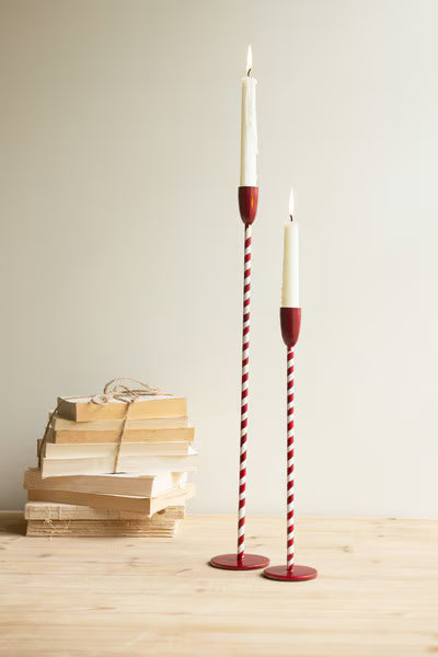 Set Of Two Red And White Candy Cane Taper Candle Holders