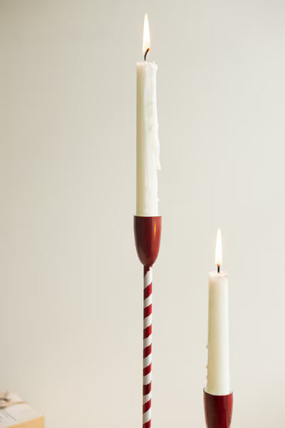 Set Of Two Red And White Candy Cane Taper Candle Holders