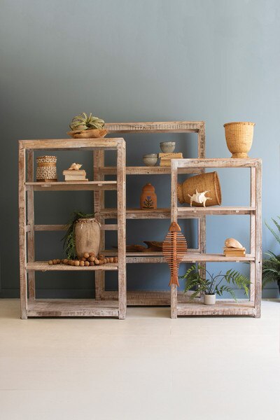 Set Of Three Recycled Wood Shelving Units White Wash