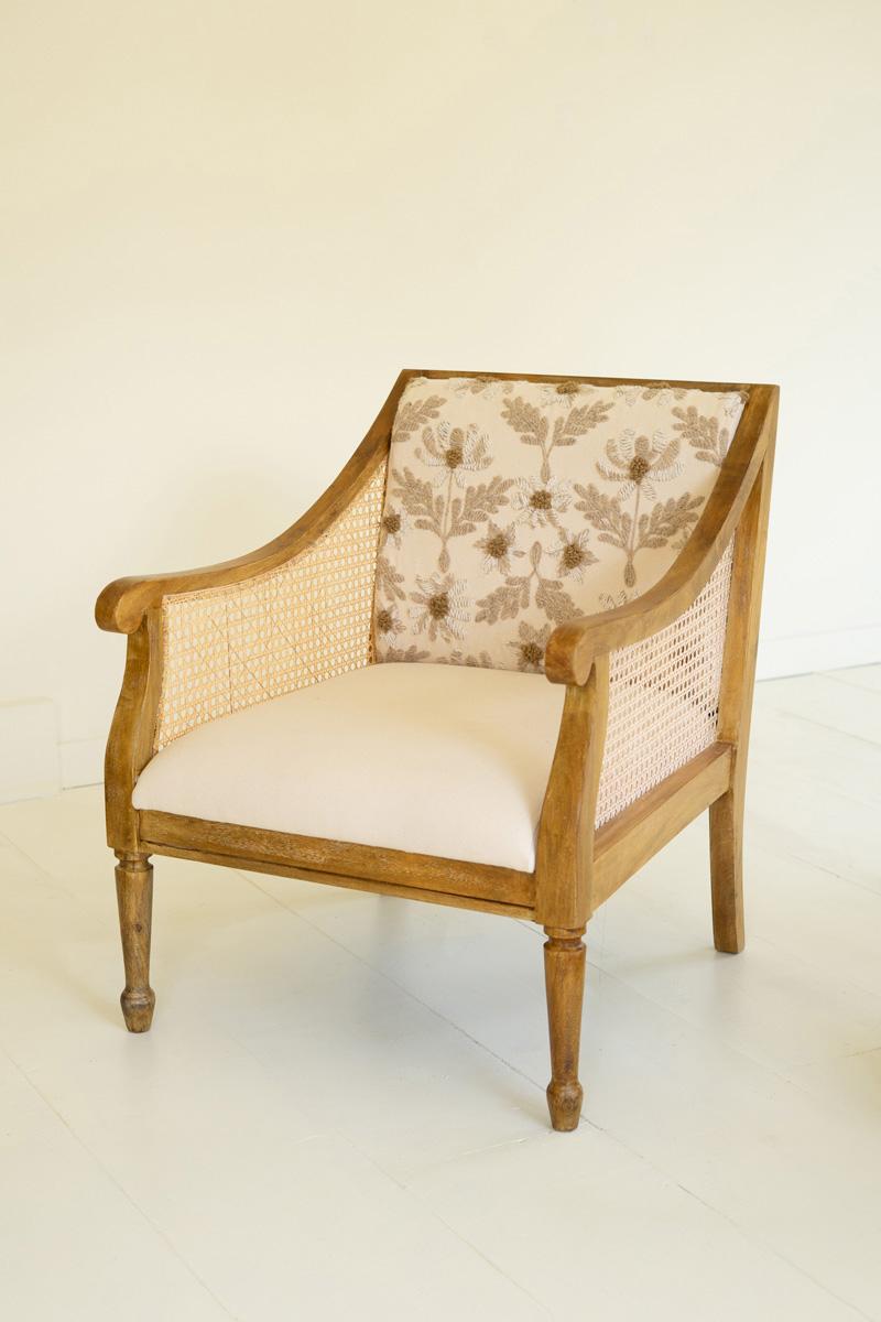 Mango Wood And Cane Arm Chair With Embroidered Back