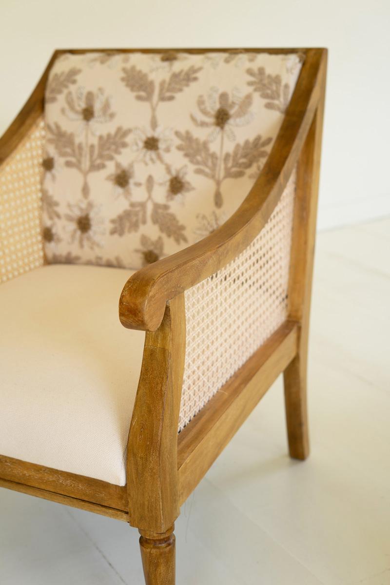 Mango Wood And Cane Arm Chair With Embroidered Back