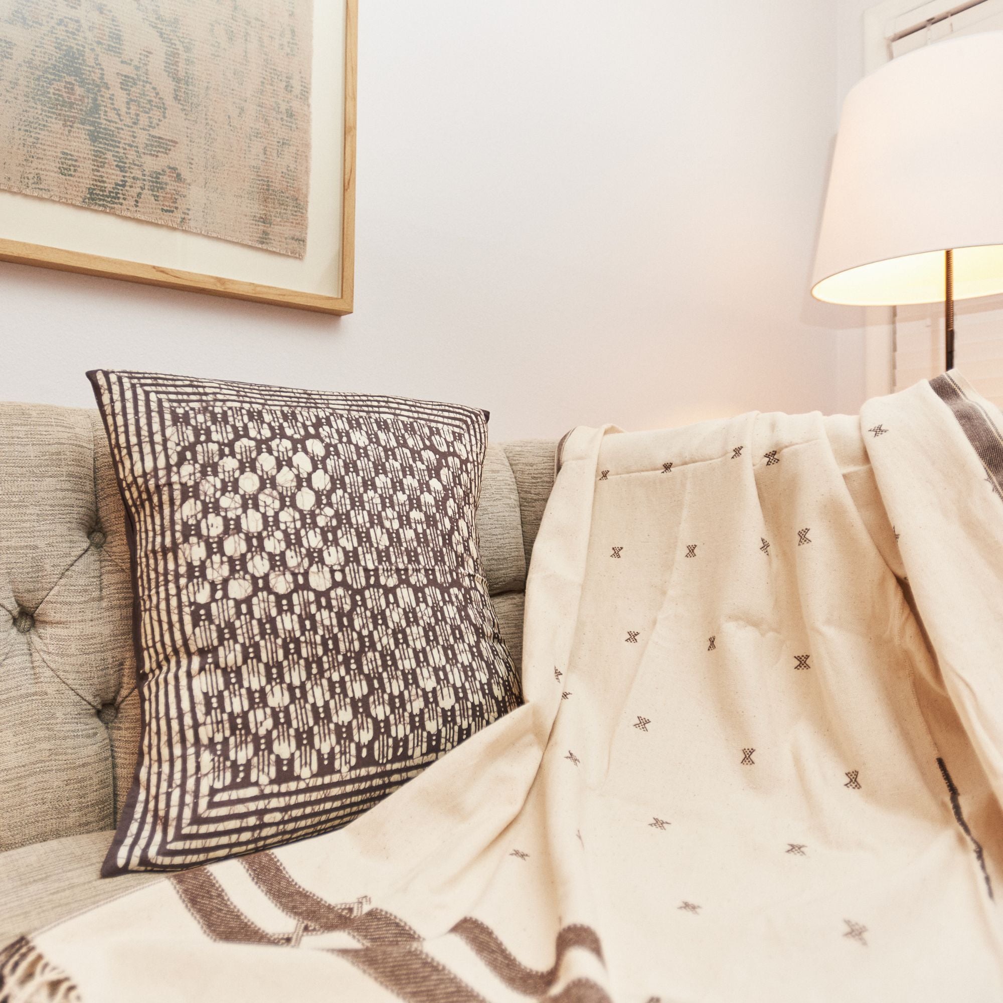 Oasis Charcoal Hand Crafted Wax Block Print Mulberry Silk Pillow - Thumbnail 5