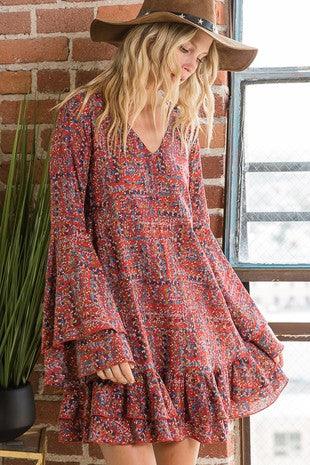 Floral Print Ruffle Sleeves Midi Dress-Rustic Barn Boutique