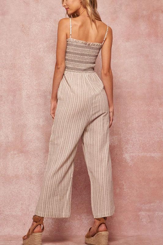 Striped Linen-Blend Smocked Cami Pocket Jumpsuit - Signastyle Boutique