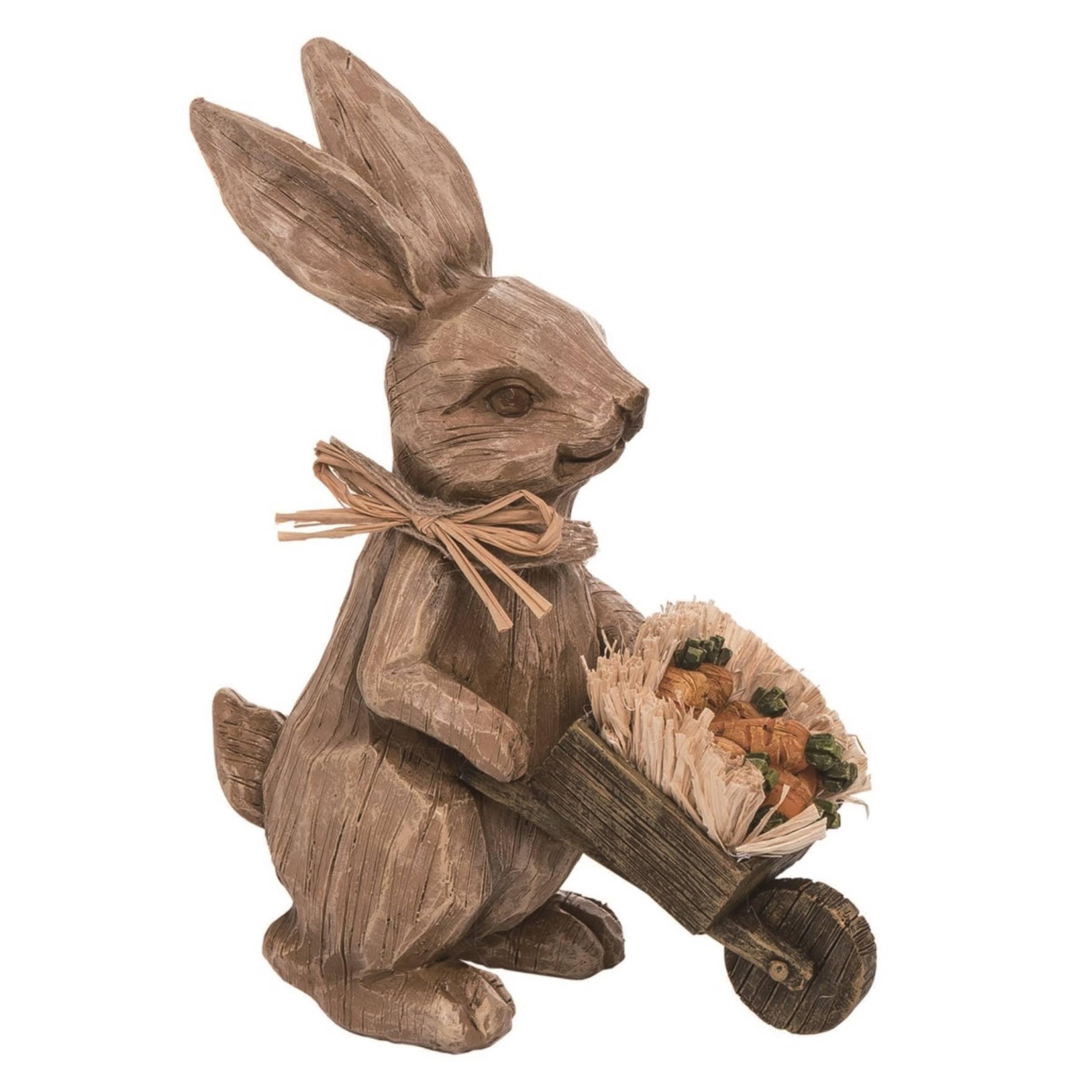 Resin 9 in. Brown Spring Carved Bunny with Carrot in Wheelbarrow Figurine - Signastyle Boutique