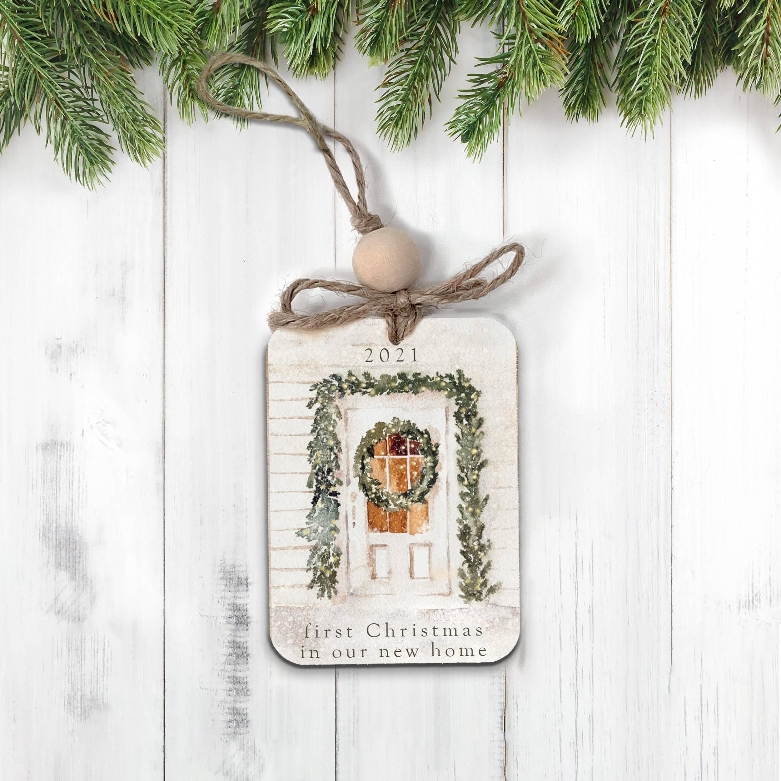 First Christmas in our new home rustic wood Christmas ornament front door - Signastyle Boutique