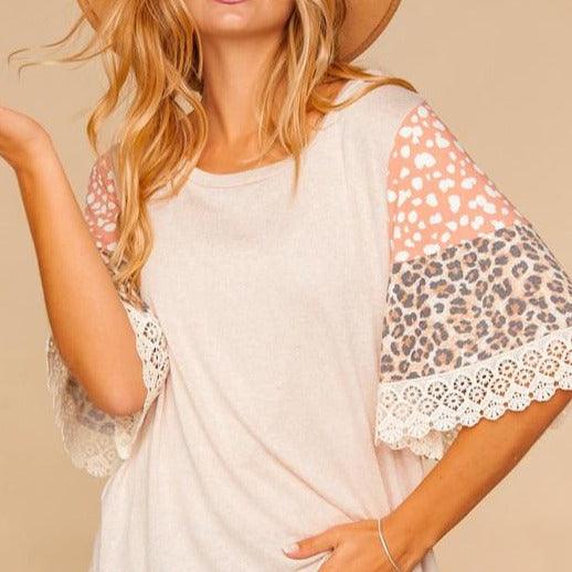 Two Tone Knit Bell Sleeve Top with Lace - Signastyle Boutique