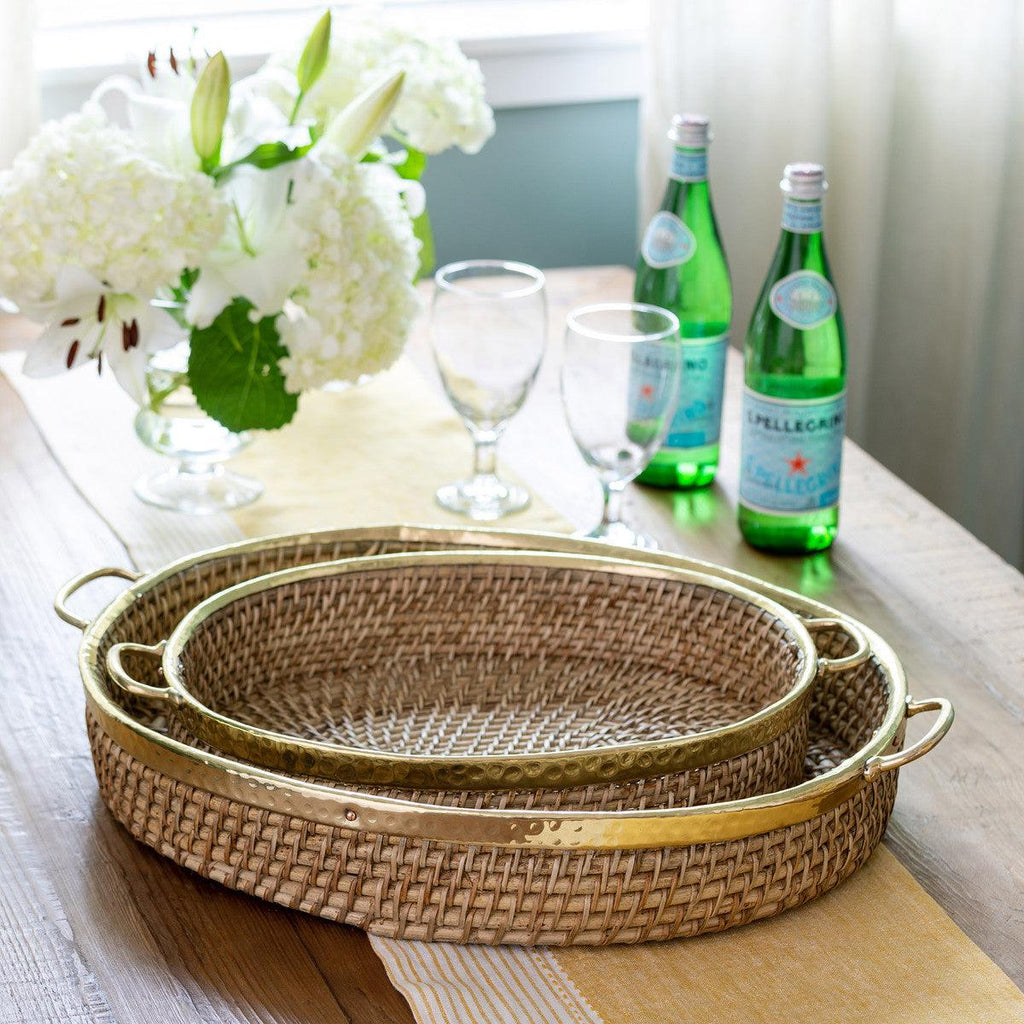 Amelia Woven Bamboo and Brass Oval Tray, Set of 2-Home Accessories-Rustic Barn Boutique