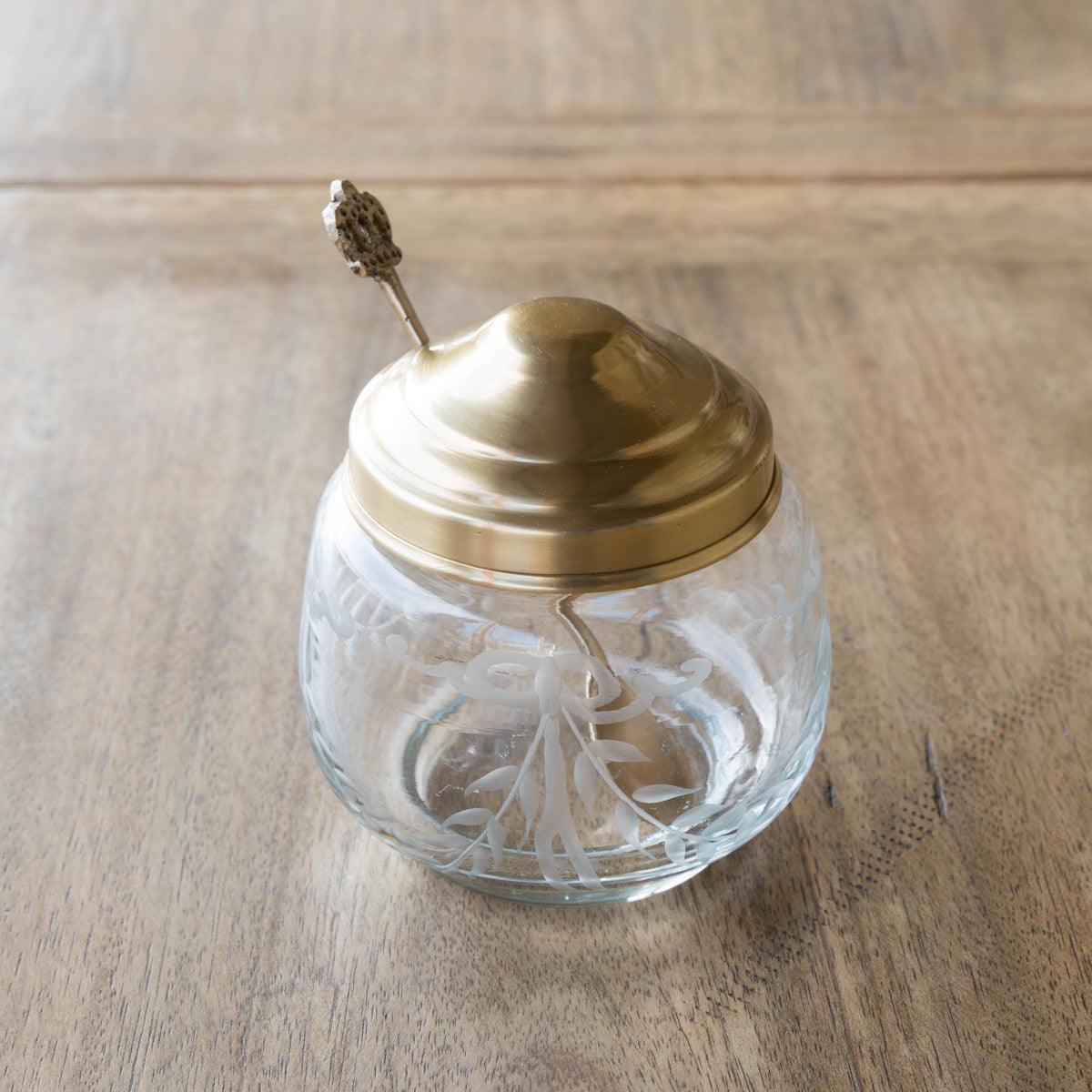 Antique Brass and Etched Glass Jam Jar with Spoon - Signastyle Boutique